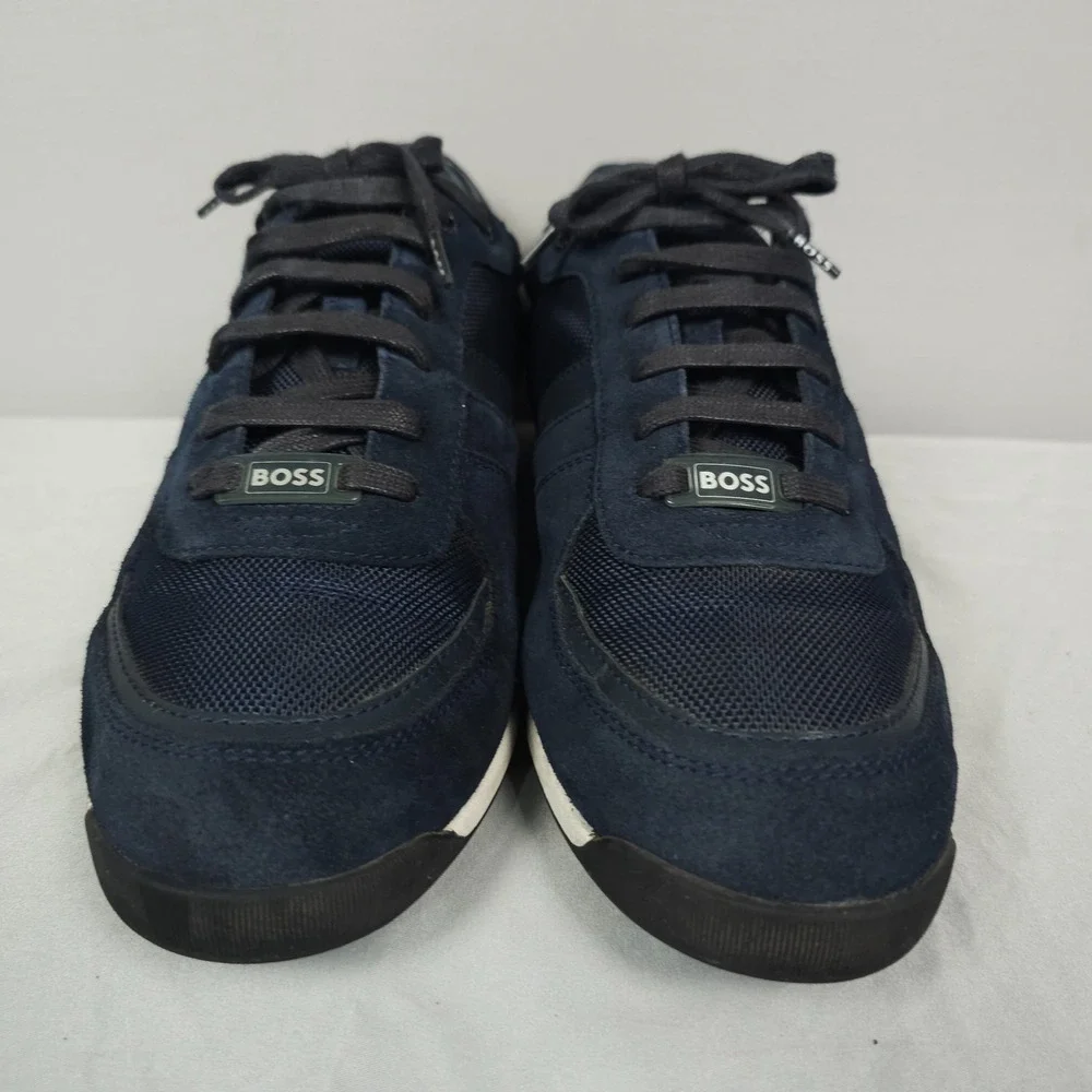 Hugo Boss Glaze Shoes Men Size 43 US 10 Navy Blue Suede Low Lace Up Sneaker